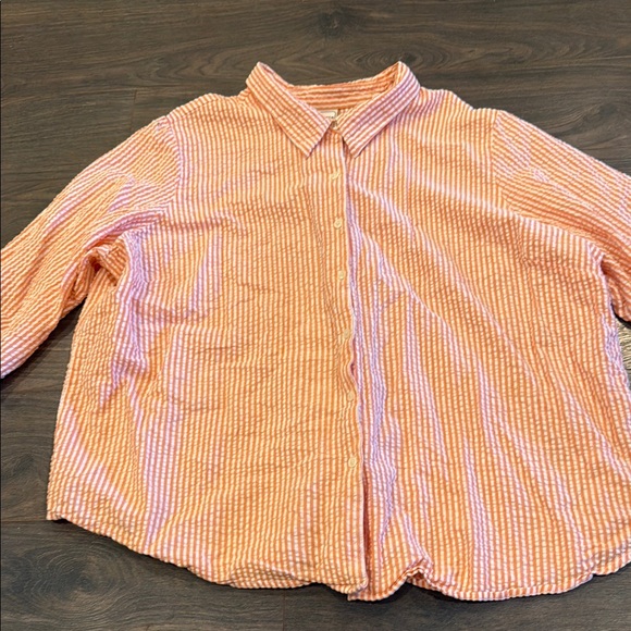 Scandia Woods Tops - Women's Orange Striped Seersucker Short Sleeve Button Up Shirt, 3X